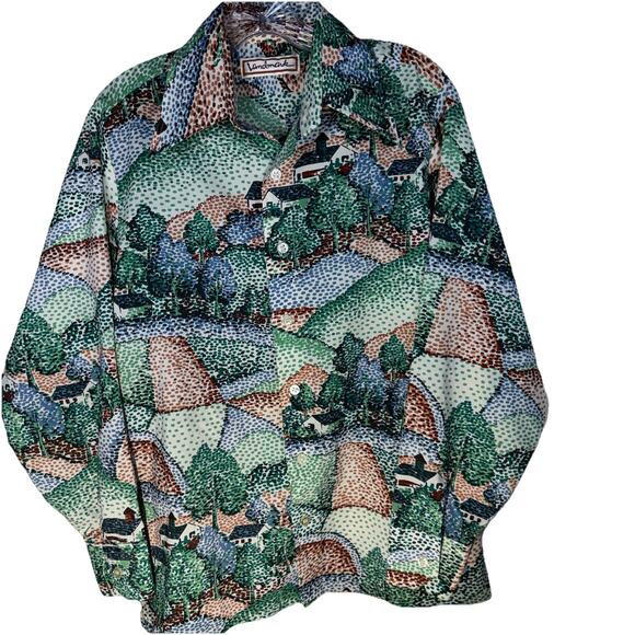 Vintage Landmark Long Sleeve Shirt Disco 70’s Large Polyester Nature Scene M 15 - Picture 2 of 11